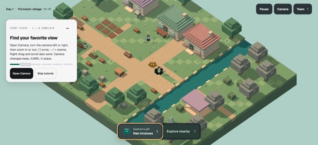 Porcelain Village gameplay: an isometric green village with houses, a river and a path, a first-steps tutorial panel and a Rain kindness action button.