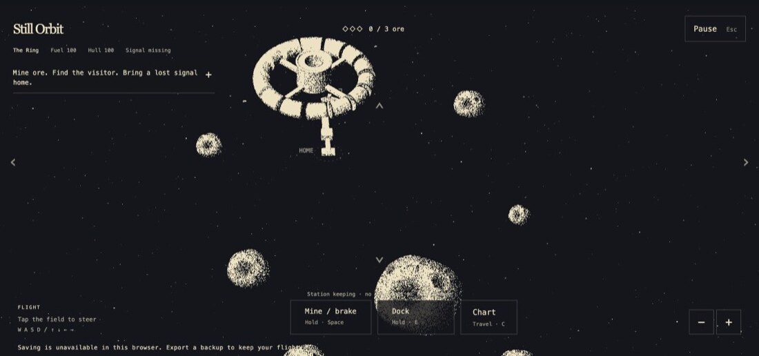 Still Orbit gameplay: a pale ring-shaped space station and cratered asteroids on a black starfield, with ore counter, fuel and hull readouts and Mine, Dock and Chart buttons.